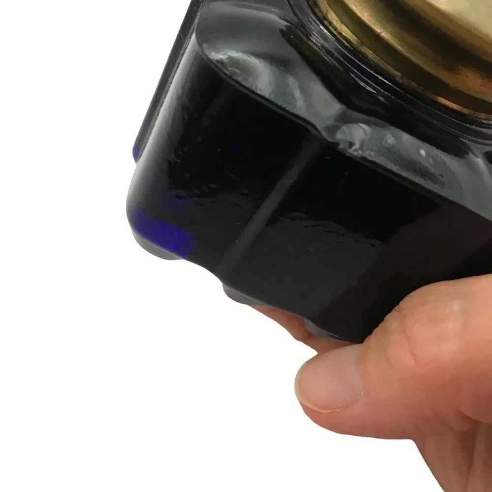 Antique Cobalt Glass Inkwell Square With Brass Hinged‎ Lid